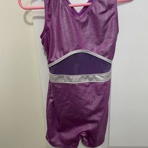 Girls, purple gymnastics one piece shorts leotard